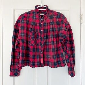 NWT FREE PEOPLE Emily shirt size XS red plaid cropped snap front ruffles